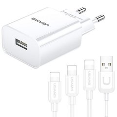 Мережевий зарядний пристрій Usams -LT Travel Charging Set-Land-Tu T18 Single USB charger + 3IN1 Lightning Cable-U Turn EU White, Білий