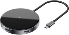 USB хаб + бездротовий зарядний пристрій (10W) Baseus Circular Mirror Wireless Charger HUB (TYPE-C to USB 3.0 * 1 + USB2.0 * 3 / TYPE-C PD) Deep gray (WXJMY-0G), Черный