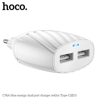 Адаптер мережевий HOCO Type-C Cable Max energy C78A | 2USB, 2.4A | white
