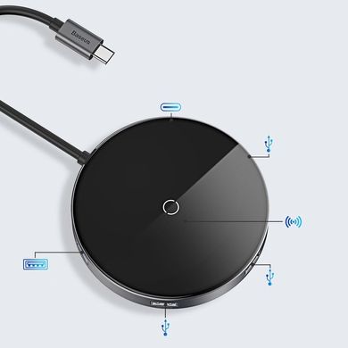 USB хаб + бездротовий зарядний пристрій (10W) Baseus Circular Mirror Wireless Charger HUB (TYPE-C to USB 3.0 * 1 + USB2.0 * 3 / TYPE-C PD) Deep gray (WXJMY-0G), Черный