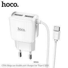 Адаптер сетевой HOCO Type-C cable Mega Joy C59A |2USB, 2.1A|	white