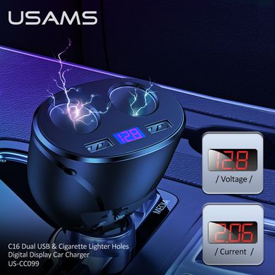 Адаптер автомобильный USAMS Dual USB & Cigarette Lighter Holes Digital Display Car Charger C16 US-CC099 |2USB, 96W/3.4A|	black