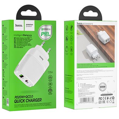 Адаптер сетевой HOCO Bright dual port charger C85A |1USB/1Type-C, 5A, PD20W/QC3.0|	white