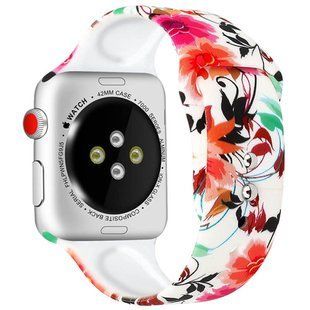 Силиконовый ремешок с рисунком для Apple watch 38mm / 40mm (Белый / Цветы и листья)