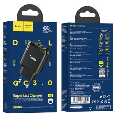 Адаптер мережевий HOCO Charmer dual port charger N6 | 2USB, 3A, 2xQC3.0, 18W | (Safety Certified) black