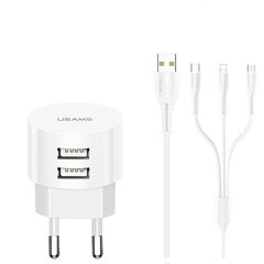 Адаптер сетевой USAMS Travel Charging Kit Sing-Tu T20 Dual USB Round Travel+U35 3IN1 cable |2USB, 2.1A|	white