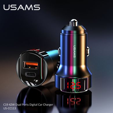Адаптер автомобильный USAMS with Digital Display US-CC113 C19 |1USB/1Type-C, QC/PD, 42W, 3.5A|	black