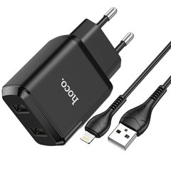 Адаптер мережевий HOCO Lightning cable Speedy dual port charger set N7 | 2USB, 2.1A | (Safety Certified) black
