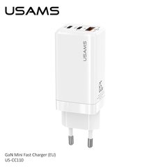Адаптер сетевой USAMS GaN Mini Fast Charger US-CC110 |1USB/2Type-C,QC/PD, 65W, 5A|	white