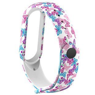 Силиконовый ремешок с рисунком для Xiaomi Mi Band 5 (Цветные бабочки / Белый)