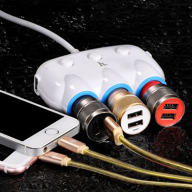 Адаптер автомобильный HOCO dual USB triple cigarette lighter charging adapter |3 Sockets/2USB, 3.1-12A, 15.5W|	white
