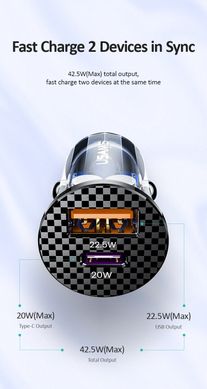 Адаптер автомобильный USAMS Mini Fast Car Charger C25 US-CC127 |1USB/1Type-C, 4.5A, PD/QC, 22.5W/20W| transparent-black
