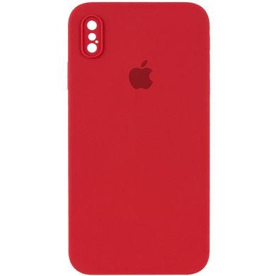 Чехол для iPhone X/Xs Silicone Full camera закрытый низ + защита камеры (Красный / Camellia) квадратные борты