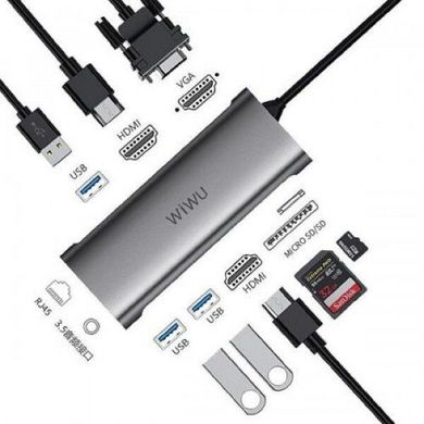 USB-C Хаб WIWU Alpha 11 в 1 (A11312H) | Grey Type C на x3 USB 3.0 + USB 2.0 + Type C + HDMI (4K) + VGA + AUX 3,5мм + RJ45 + Cardreader