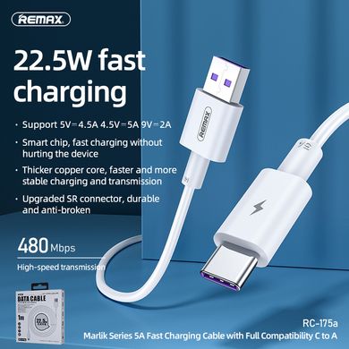 Кабель REMAX Type-C Chaining Series PD Fast-charging Data Cable RC-175a |1m, 22.5W/5A| White, White