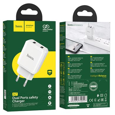 Адаптер сетевой HOCO Speedy dual port charger N7 |2USB, 2.1A| (Safety Certified) white