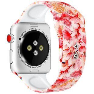 Силиконовый ремешок с рисунком для Apple watch 42mm / 44mm (Белый / Розовые цветы)