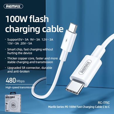 Кабель REMAX Type-C to Type-C Chaining Series PD Fast-charging Data Cable RC-175c |1m, 100W/5A| White, White
