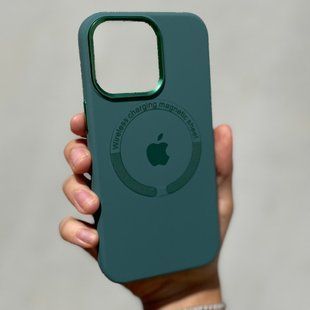 Чохол для iPhone 14 Silicone Case Full (Metal Frame and Buttons) with Magsafe з металевими кнопками та рамкою Pine Green