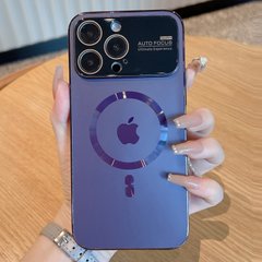 Чехол для iPhone 14 Plus Стеклянный матовый + стекло на камеру Camera Lens Glass matte case with Magsafe Deep Purple