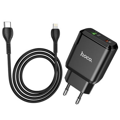 Адаптер сетевой HOCO Type-C to Lightning Cable Favor dual port N5 |1USB/1Type-C, PD20W/QC3.0, 3A| (Safety Certified) Black