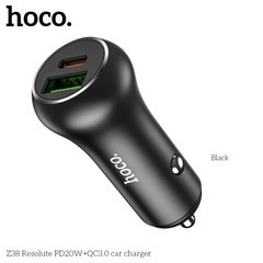 Адаптер автомобильный HOCO Resolute car charger Z38 |1USB/1Type-C, QC/PD, 3A, 38W|	black