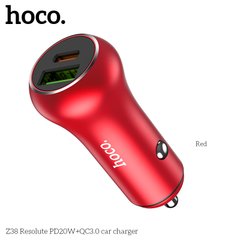 Адаптер автомобільний HOCO Resolute car charger Z38 | 1USB / 1Type-C, QC / PD, 3A, 38W | red
