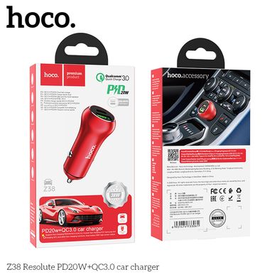 Адаптер автомобільний HOCO Resolute car charger Z38 | 1USB / 1Type-C, QC / PD, 3A, 38W | red