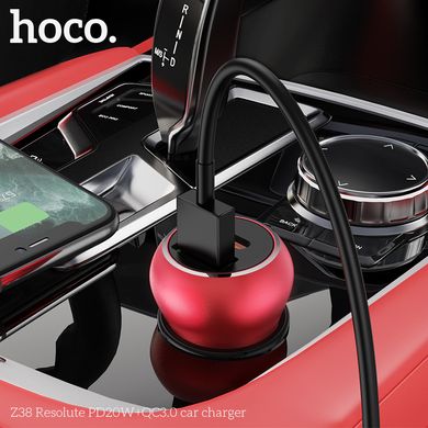 Адаптер автомобильный HOCO Resolute car charger Z38 |1USB/1Type-C, QC/PD, 3A, 38W| red