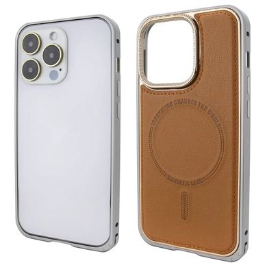 Металевий чохол + шкіра для iPhone 14 Aluminium Case Lether With Magsafe Brown / Коричневий