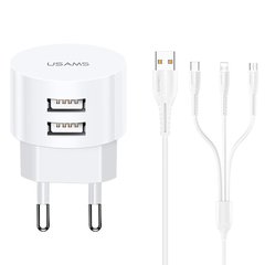 СЗУ USAMS T20 Dual USB Round Travel Charger (EU)+ U35 3IN1 Charging Cable, Белый