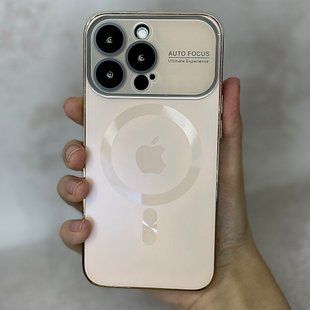 Чохол для iPhone 14 Pro Max Скляний матовий + скло на камеру Camera Lens Glass matte case with Magsafe Gold