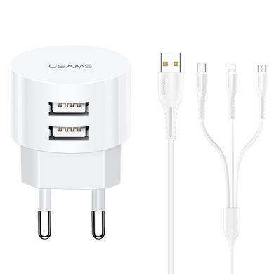 СЗУ USAMS T20 Dual USB Round Travel Charger (EU)+ U35 3IN1 Charging Cable, Белый