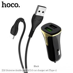 Адаптер автомобильный HOCO Universe Type-C cable Z31 |2USB, QC3.0, 3.4A, 18W| black