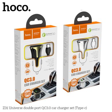 Адаптер автомобильный HOCO Universe Type-C cable Z31 |2USB, QC3.0, 3.4A, 18W| white