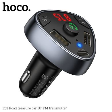 Адаптер автомобільний Hoco with Bluetooth FM Road treasure E51 | 2USB / 1Type-C, 18W / 3A, QC / PD | black
