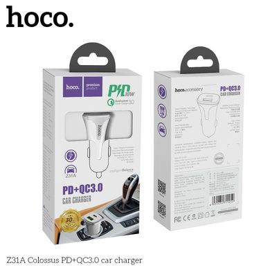 Адаптер автомобільний HOCO Colossus Z31A | 1USB / 1Type-C, QC3.0 / PD, 3A, 18W | white