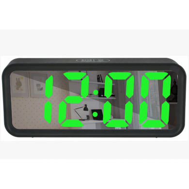 Дзеркальні LED годинник з будильником і термометром DT-6508 Чорні (зелена підсвічування)