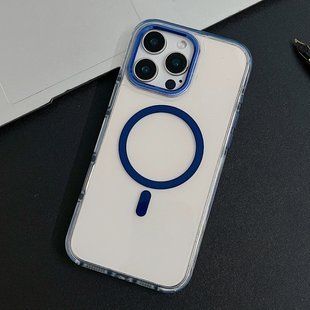 Протиударний прозорий не жовтіючий чохол для iPhone 13 Metal Frame Magsafe Blue