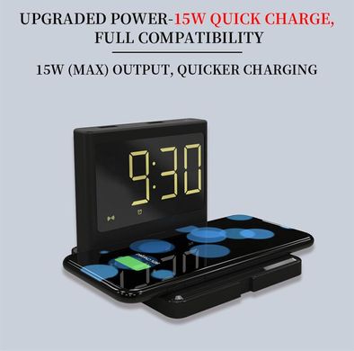 Беспроводное зарядное устройство Wireless Fast Charge 15W/Часы/Будильник + 2 USB| Black