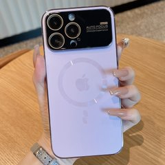 Чехол для iPhone 12 Pro Max Стеклянный матовый + стекло на камеру Camera Lens Glass matte case with Magsafe Light Purple