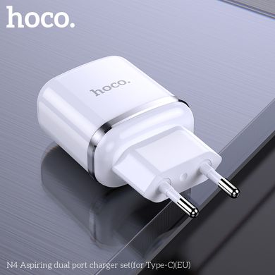 Адаптер мережевий HOCO Type-C cable Aspiring dual port charger set N4 | 2USB, 2.4A | (Safety Certified) white