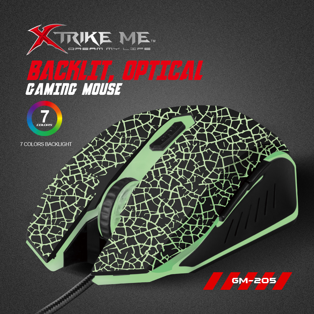 XTRIKE GM-205 BK Wired mouse  6 Buttons, 7 colors Backlight, DPI 800/1000/1200/2400/3200